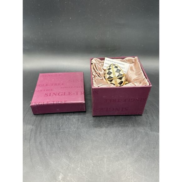 Harlequin Enameled Trinket Box Egg Shaped Black White Crystals w/ Stand - Picture 10 of 10